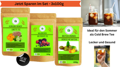 Linecase Tee Set 3x100g| Grüner Tee| Entspannungstee| Früchtetee| Aromatisierter Tee| Ingwer Tee| Matcha