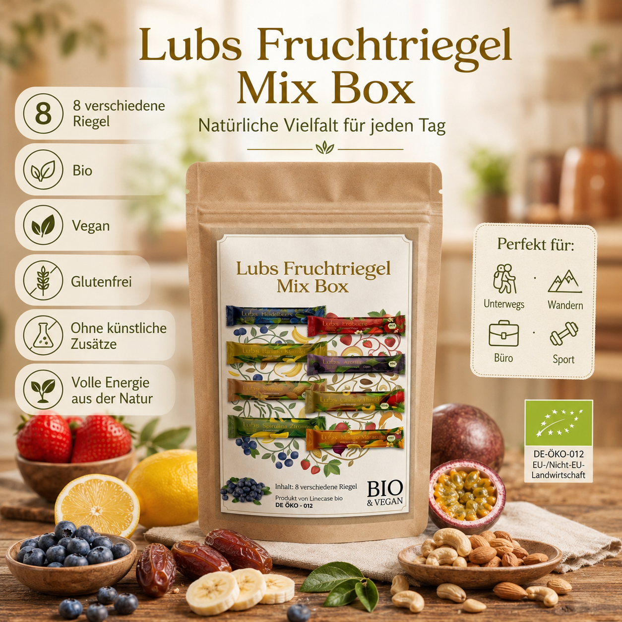 Lubs Fruchtriegel gemischte Box| Probier mix 8 verschiedene Sorten