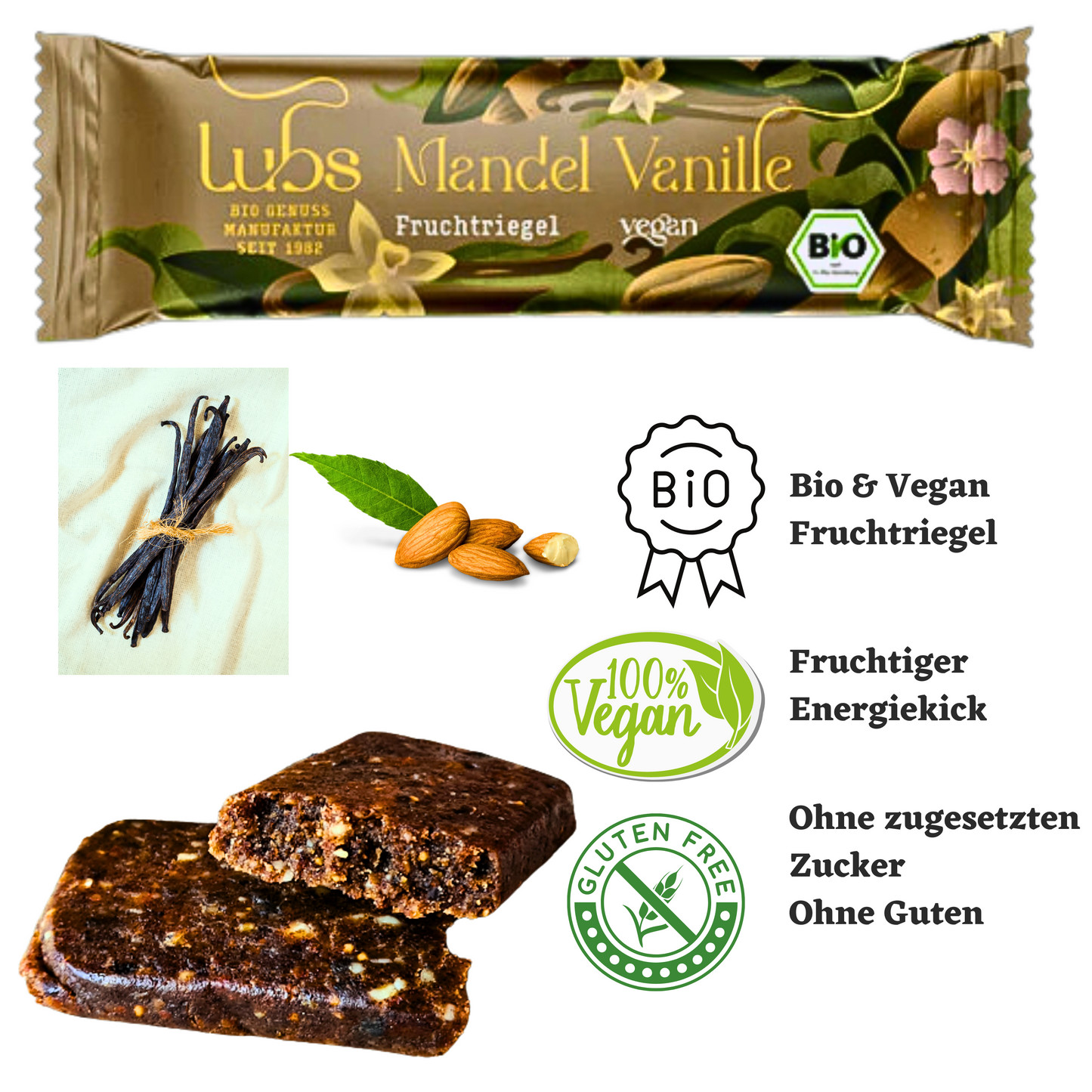 Lubs Bio&Vegan Fruchtriegel Mandel & Vanille| Lubs Fruchtriegel| Bio Riegel| Trockenfrucht Riegel| Mandel Riegel