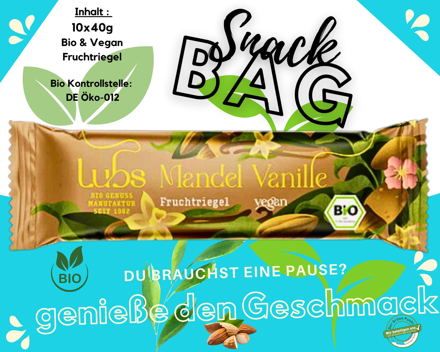 Lubs Bio&Vegan Fruchtriegel Mandel & Vanille| Lubs Fruchtriegel| Bio Riegel| Trockenfrucht Riegel| Mandel Riegel