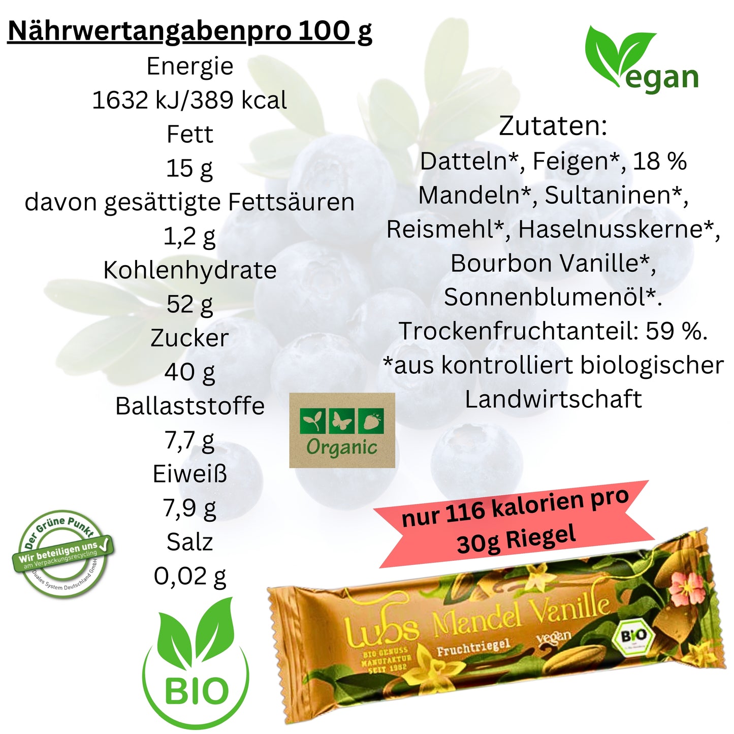 Lubs Bio&Vegan Fruchtriegel Mandel & Vanille| Lubs Fruchtriegel| Bio Riegel| Trockenfrucht Riegel| Mandel Riegel