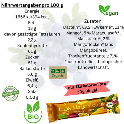 Lubs Bio & Vegan Fruchtriegel Mango Maracuja| Fruchtriegel ohne Zucker| Veganer Snack| Fruchtschnitte