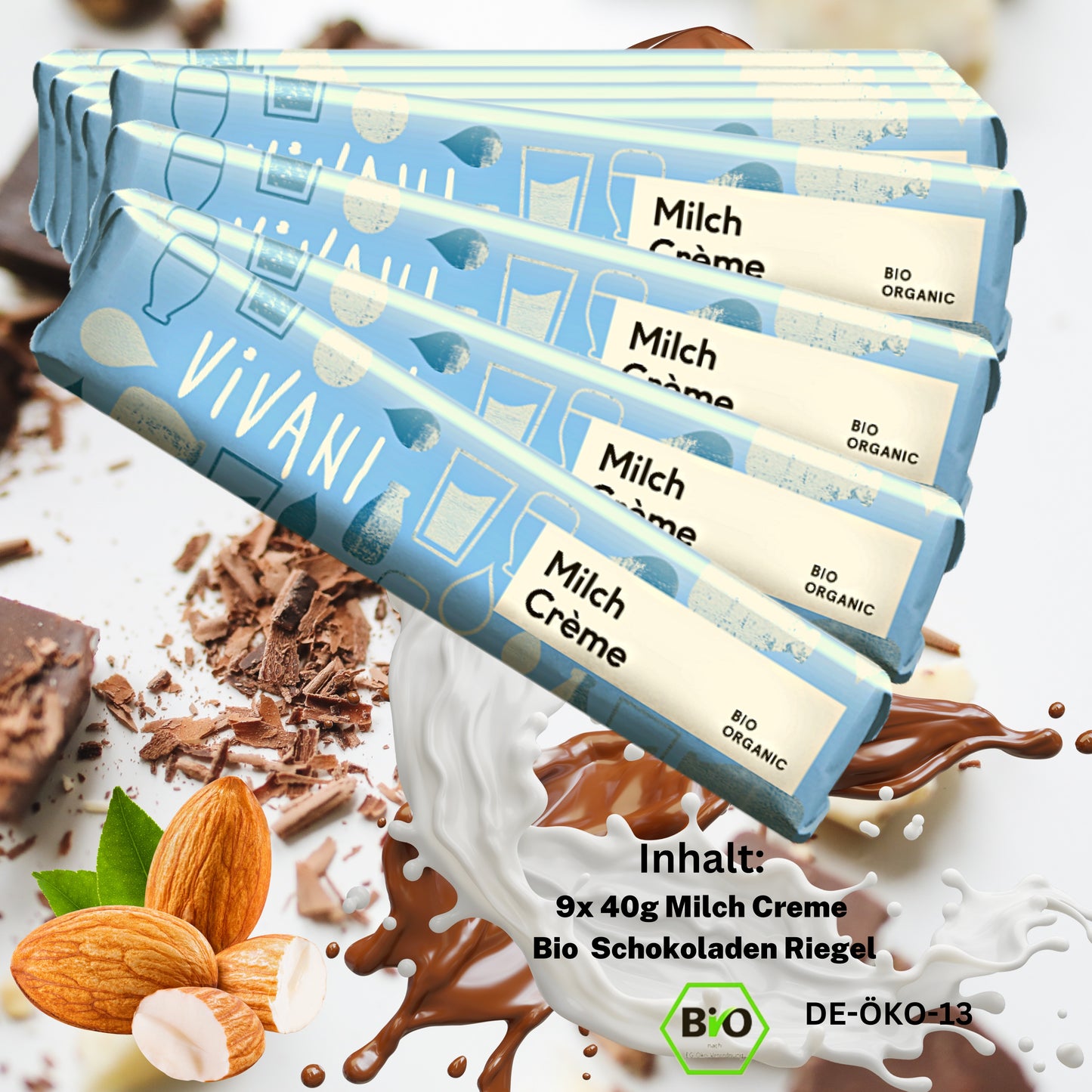 Vivani - Milchcreme Schokoladenriegel 9x40g| Bio & Vegan Schokolade| Vegane Schokolade| Dunkle Schokolade