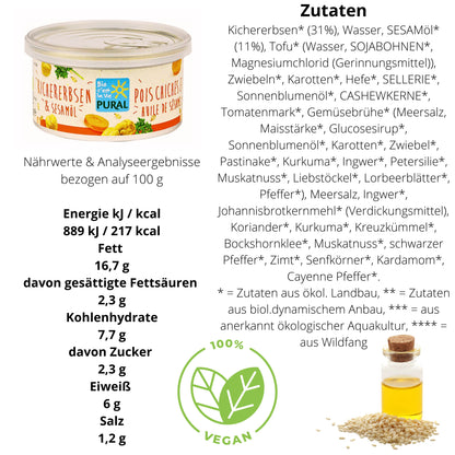 Pural Streich - Kichererbsen & Sesamöl 125g| Pural Streich| Bio&Veganer Aufstrich| Brotaufstrich| Veganer Streich| Tomaten Streich| Bio Aufstrich