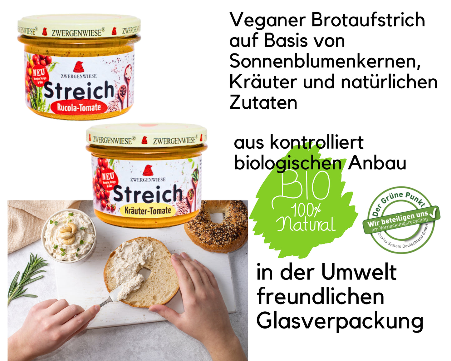 Zwergenwiese Brotaufstrich Set 2x180g| Rucola Tomate+Kräuter Tomate| Veganer Streich| Bio Brotaufstrich