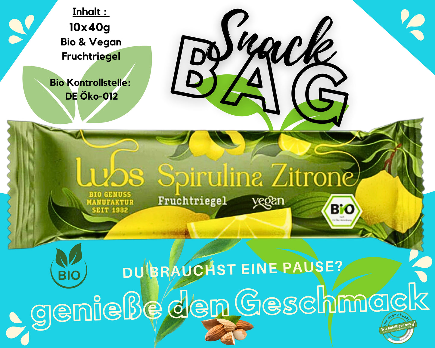 Lubs Fruchtriegel Bio Spirulina+Zitrone| Fruchtriegel ohne Zucker| Spirulina Riegel| Fruchtschnitte| Lubs Riegel| Spirulina Zitrone Riegel