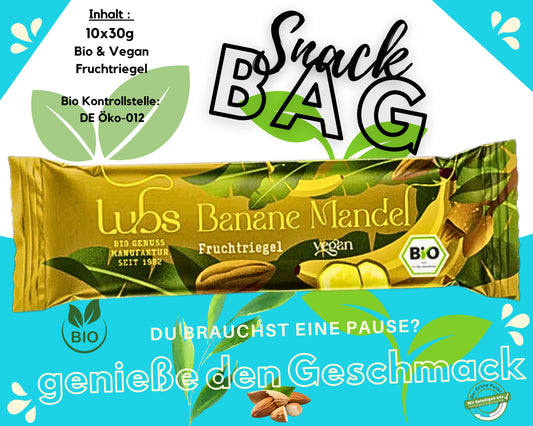 Lubs Bio& Vegan Fruchtriegel Banane & Mandel| Bio Riegel| Fruchtriegel| Trockenfruchtriegel| Gesunder Riegel| Veganer Riegel