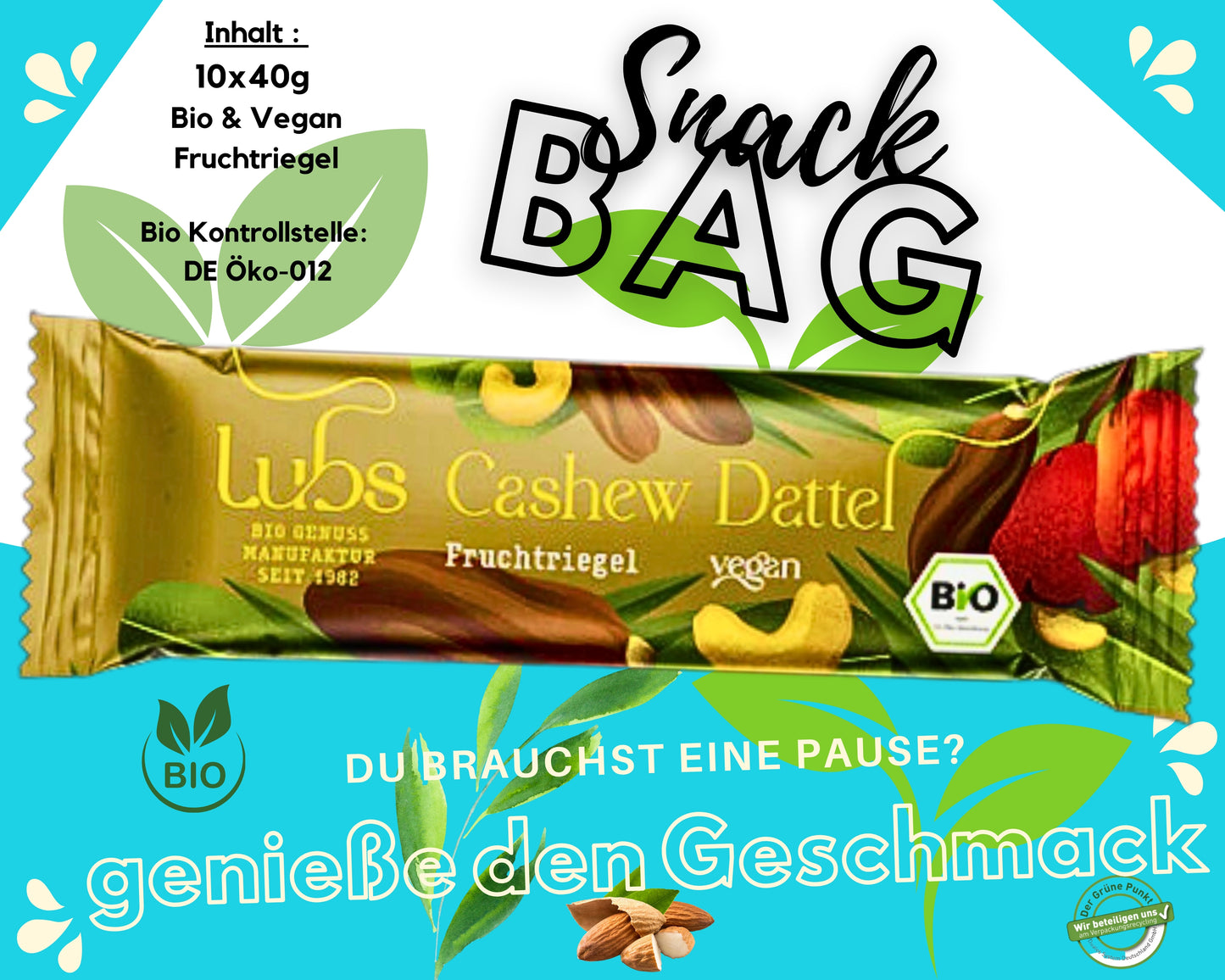 Lubs Bio & Vegan Rohkostriegel Cashwew Dattel| Dattel Rokostriegel| Fruchtriegel| Bio Riegel| Trockenfrüchte Riegel