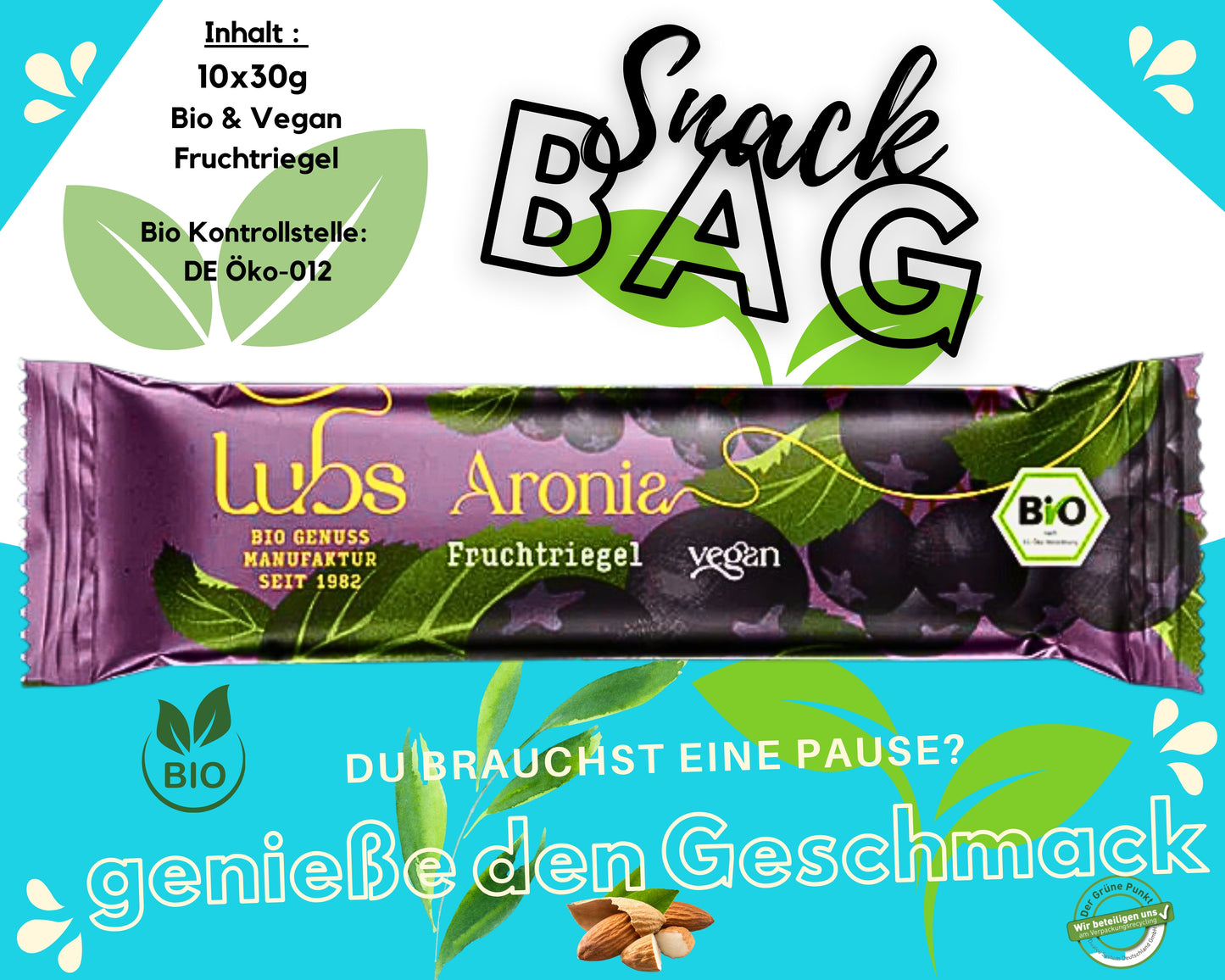 Lubs Bio & Vegan Fruchtriegel - Aronia Kirsch| Bio Riegel| Trockenfrucht Riegel| Gesunder Riegel| Lubs Riegel