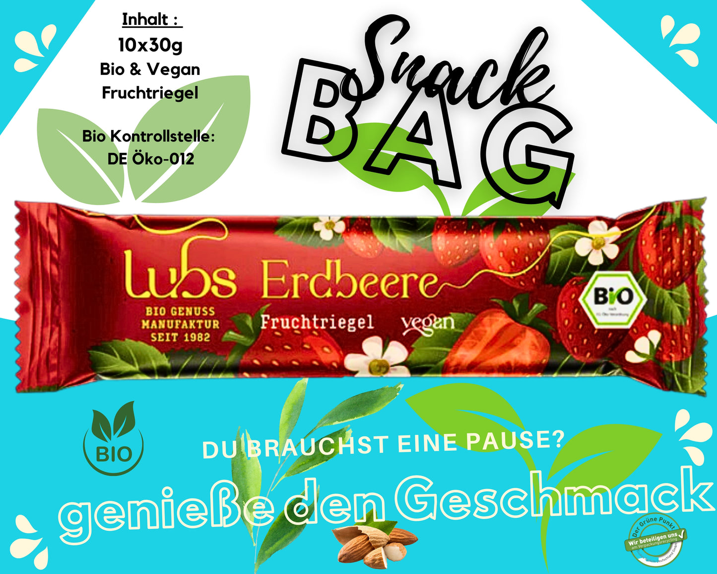 Lubs Bio & Vegan Fruchtriegel Erdbeer| Fruchtschnitte| Erdbeer Riegel| Gesunder Snack ohne Zuckerzusatz