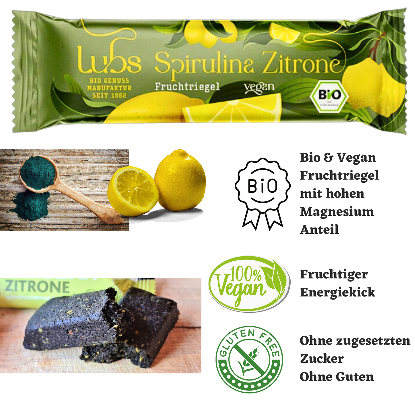 Lubs Fruchtriegel Bio Spirulina+Zitrone| Fruchtriegel ohne Zucker| Spirulina Riegel| Fruchtschnitte| Lubs Riegel| Spirulina Zitrone Riegel