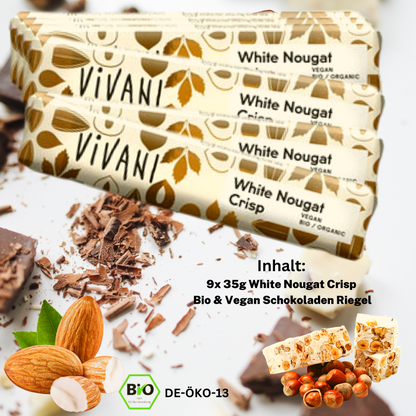 Vivani - White Nougat Crisp 9x35g| Bio & Vegan Schokoladen Riegel| Weiße Schokolade| Schokoriegel| Vegane Schokolade