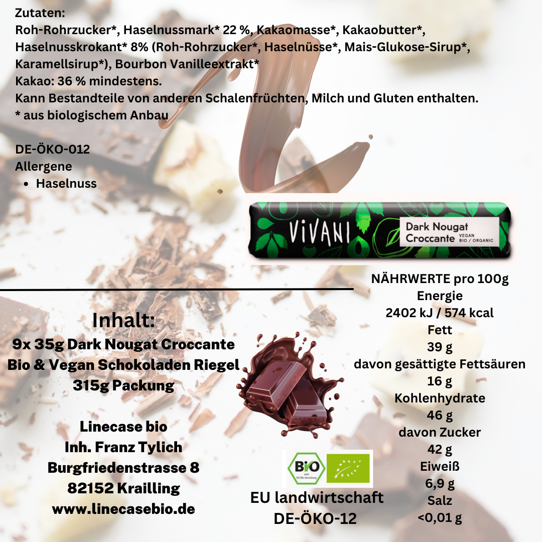 Vivani - Dark Nougat Croccante Schokoriegel  35g