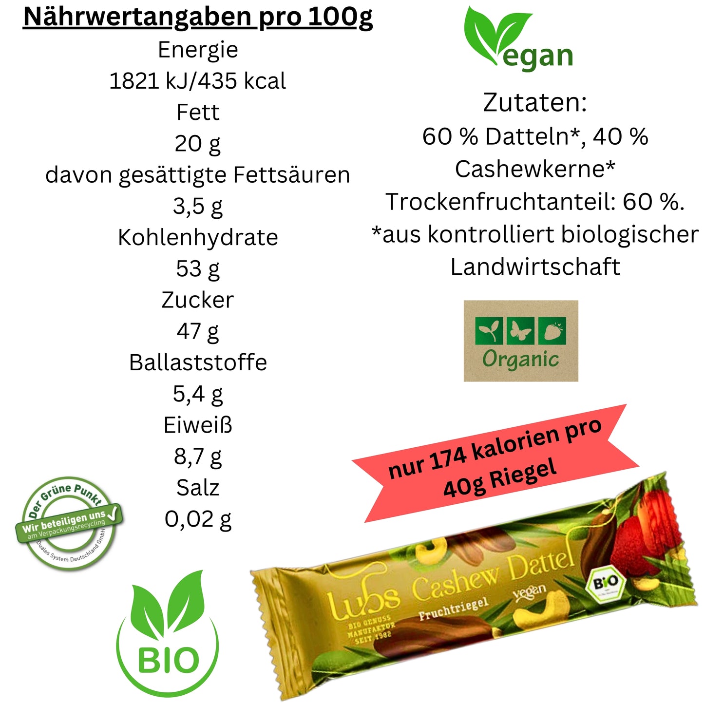 Lubs Bio & Vegan Rohkostriegel Cashwew Dattel| Dattel Rokostriegel| Fruchtriegel| Bio Riegel| Trockenfrüchte Riegel