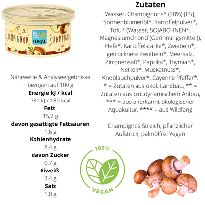 Pural Streich - Champignon| Bio&Vegan Streich| Veganer Brotaufstrich| Gesunder Streich| Pural Champignon