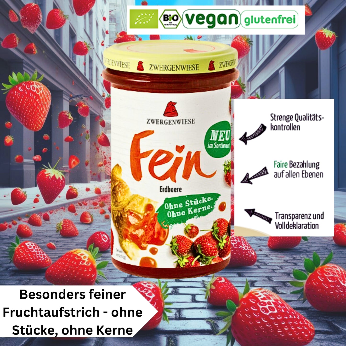 Zwergenwiese Erdbeere Fein 280g| Erdbeer Marmelade| Bio&Veagn Konfitüre| Ohne Stücke