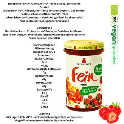 Zwergenwiese Erdbeere Fein 280g| Erdbeer Marmelade| Bio&Veagn Konfitüre| Ohne Stücke