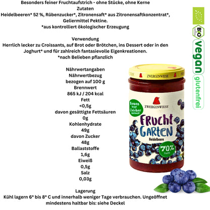 Zwergenwiese Heidelbeer Marmelade 280g| Zwergenwiese Marmelade| Bio Heidelbeermarmelade| Frucht Konfitüre