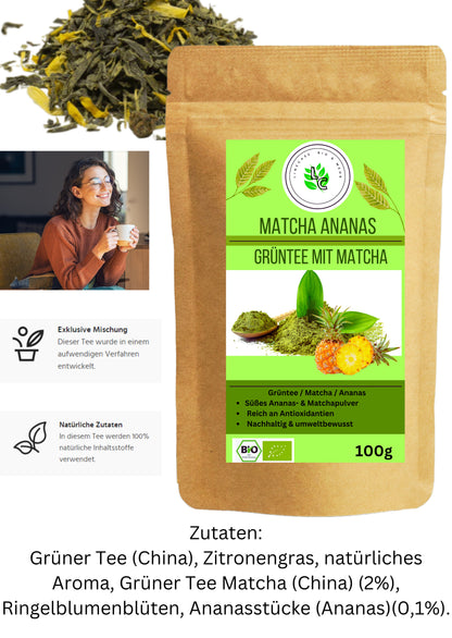 Linecase Matcha Ananas - Grüntee mit Matcha und Ananas| Tee Mischung| Aromatisierter Tee| Teemischung| Matcha Mischung