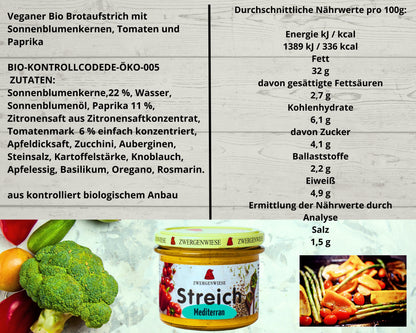 Zwergenwiese Mediterran 180g| Bio&Vegan Streich| Mediterraner Brotaufstrich| Veganer Streich